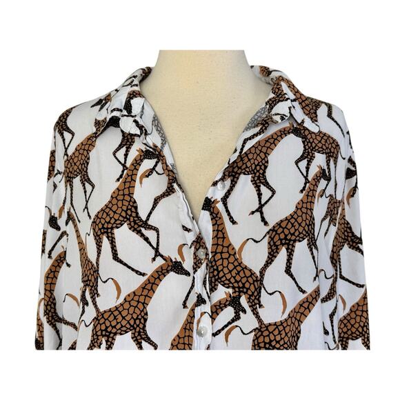 JANE + DELANCEY Giraffe Safari Button Down Long Sleeve Casual Retro Blouse Sz L - Picture 3 of 14